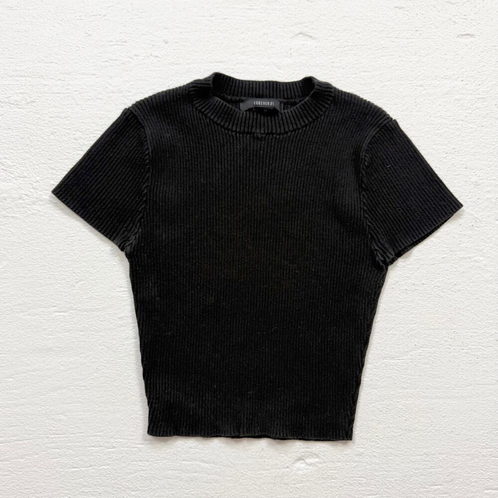 Forever 21 Black Ribbed Knit Short Sleeve Top, Size XS